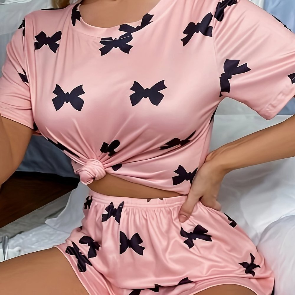 Bow Print Pajamas Set, Short Sleeve Crew Neck Top & Shorts, Women's Sleepwear